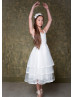 White Lace Tulle Ribbon Tiered Flower Girl Dress